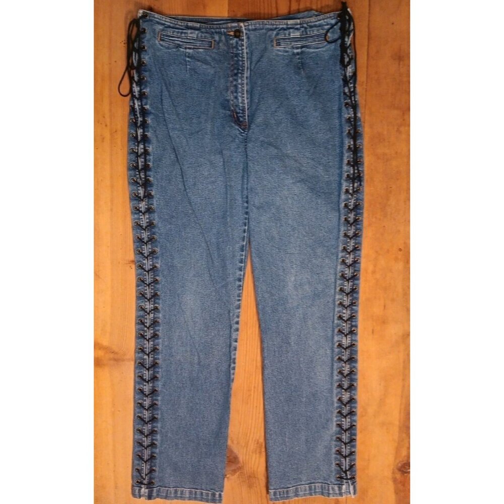 Vtg 90s Newport News Jeans Womens 16 Lace Up Straight Leg Sides Medium Wash
